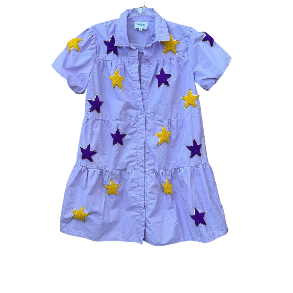 Bell Cher LSU Game Day Dress Stars Size Medium Boutique Purple Yellow Gold
